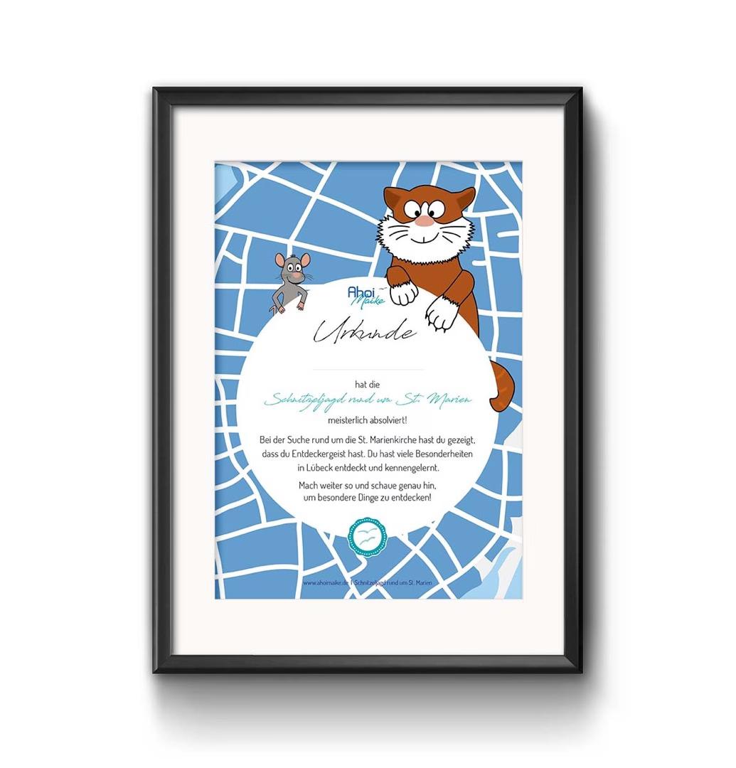 Urkunde für erfolgreiche Teilnahme an der Schnitzeljagd rund um St. Marien in Lübeck, illustriert mit Katze und Maus.