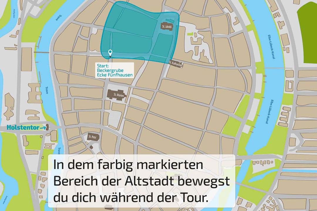 Stadtplan von Lübeck mit markiertem Bereich rund um St. Jakobi, Startpunkt an der Ecke Beckergrube/Fünfhausen.