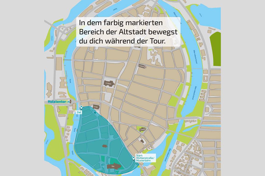 Stadtplan von Lübeck mit markiertem Bereich der Schnitzeljagd im Domviertel zwischen Dom und Holstentor.