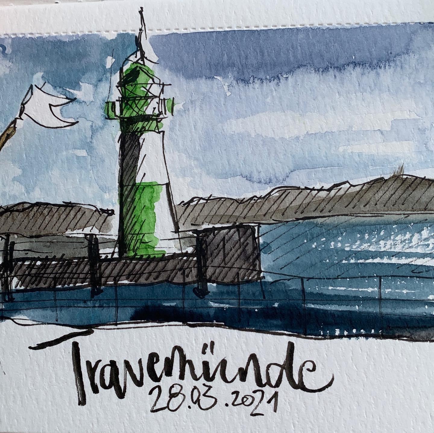Eine Kolorierte Skizze im Urban-Sketching-Stil des Leuchtturms Travemünde