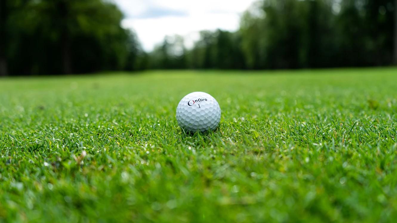 Ein Golfball auf dem Rasen