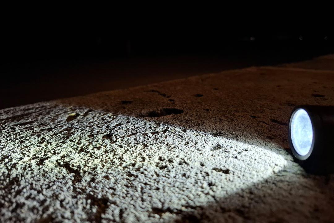Eine Taschenlampe liegt auf Steinen bei der geführten Taschenlampentour in Lübeck-Travemünde auf dem Priwall.