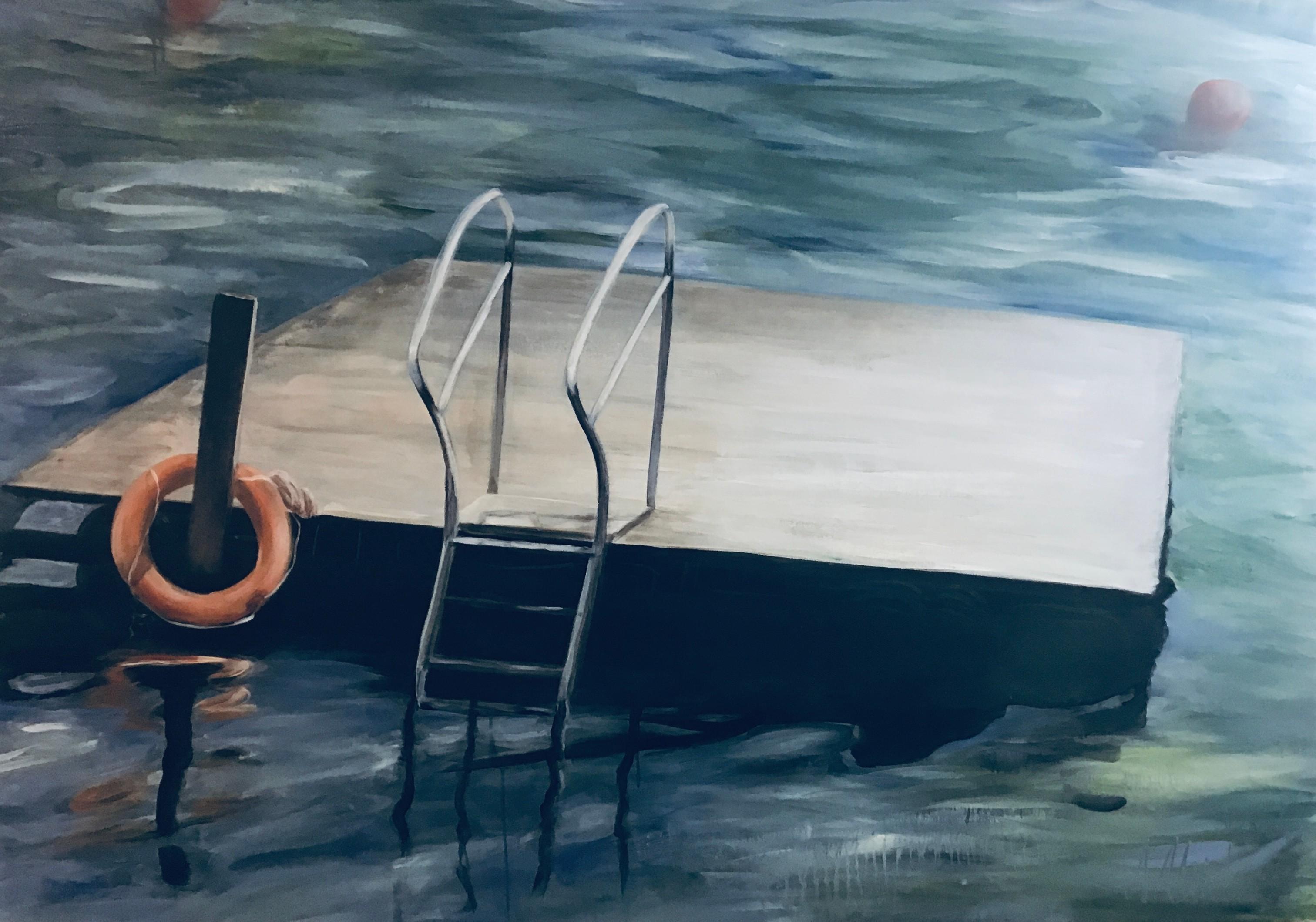 Ein Acryl-Kunstwerk, das einen schwimmenden Ponton mit Leiter zeigt
