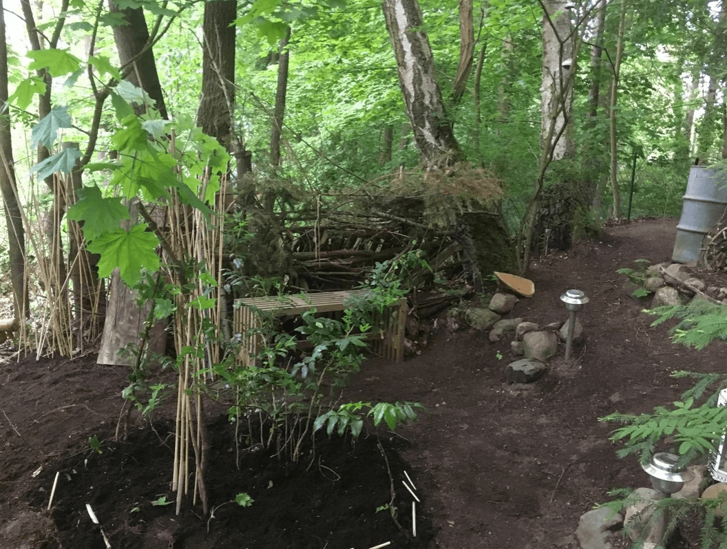 Wald und eine Bank vor dem Bungalow