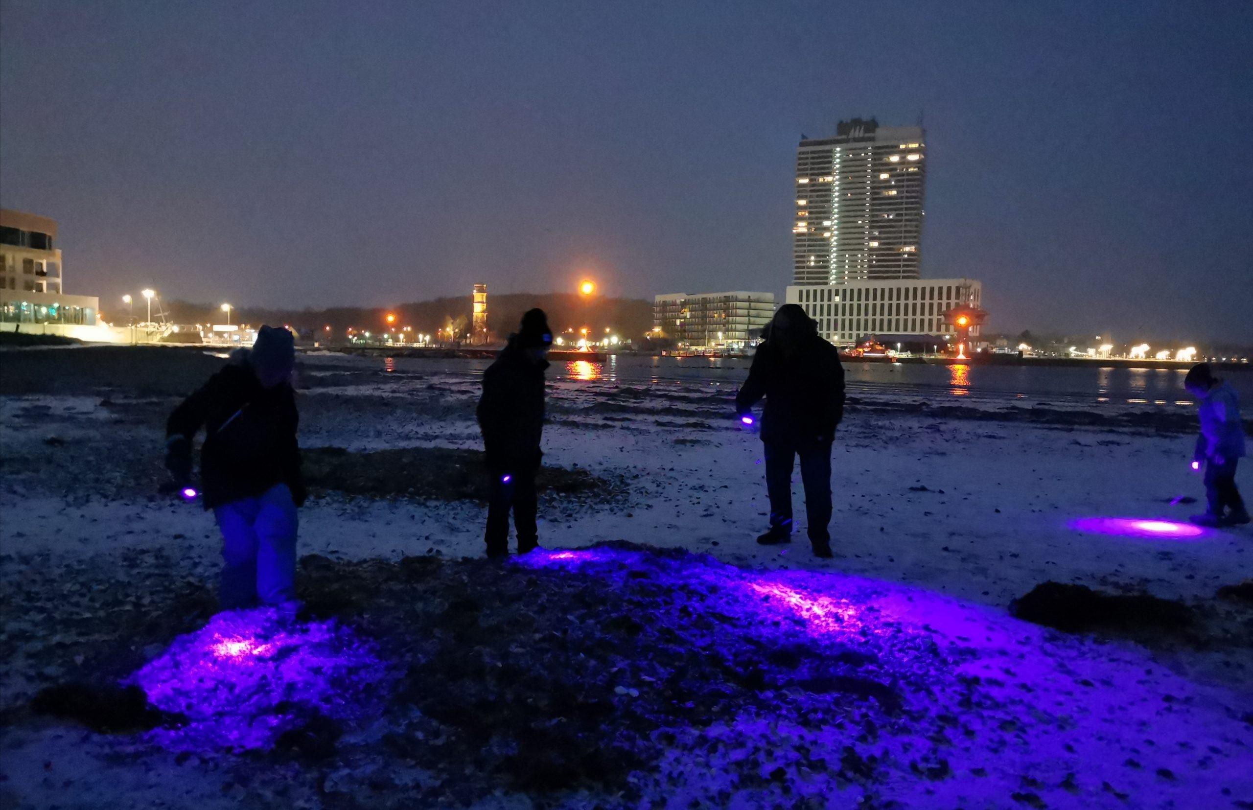 Menschen leuchten mit Schwarzlicht-Lampen am Strand auf der Suche nach Bernstein