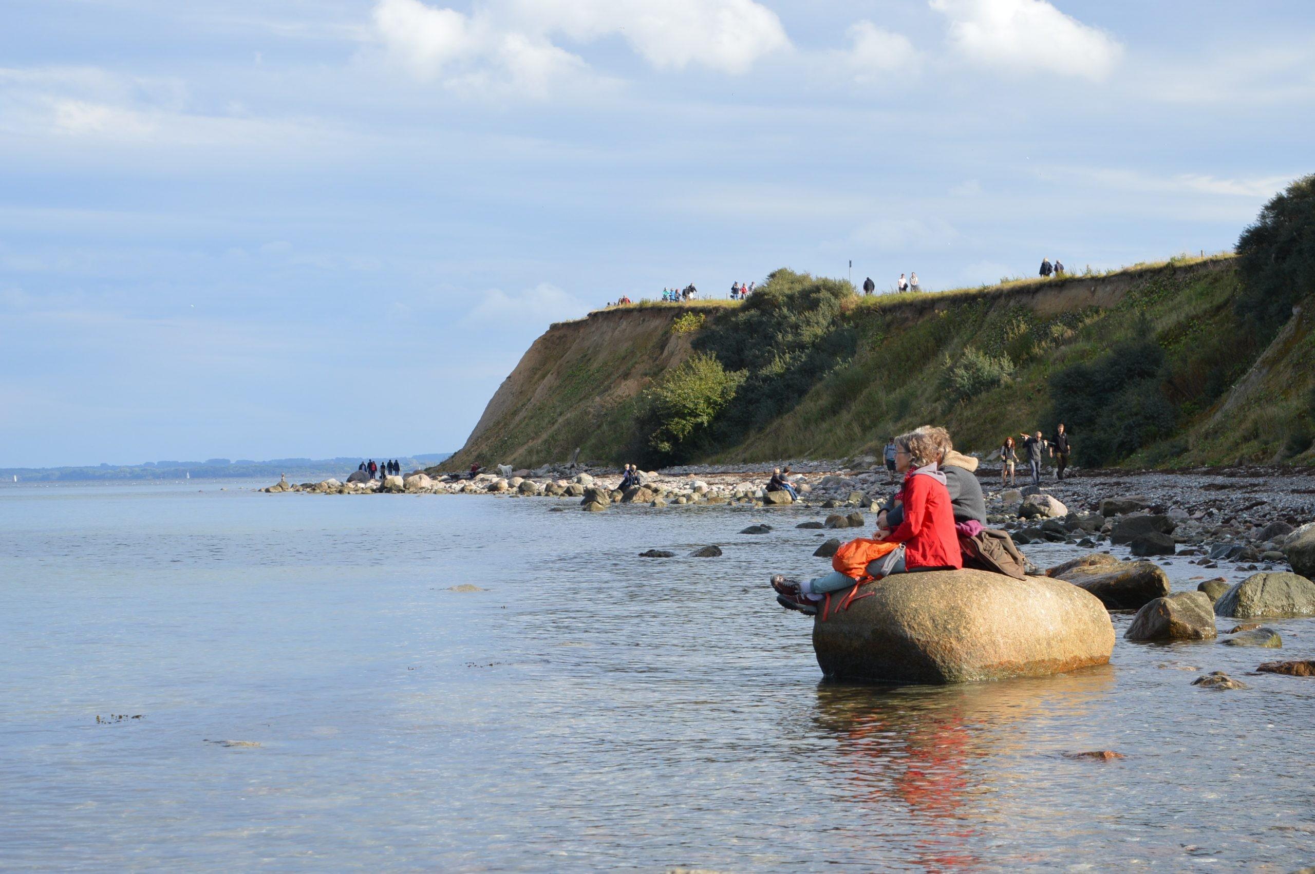 Teilnehmende einer Naturführung in Travemünde sitzen am Strand auf einem Stein