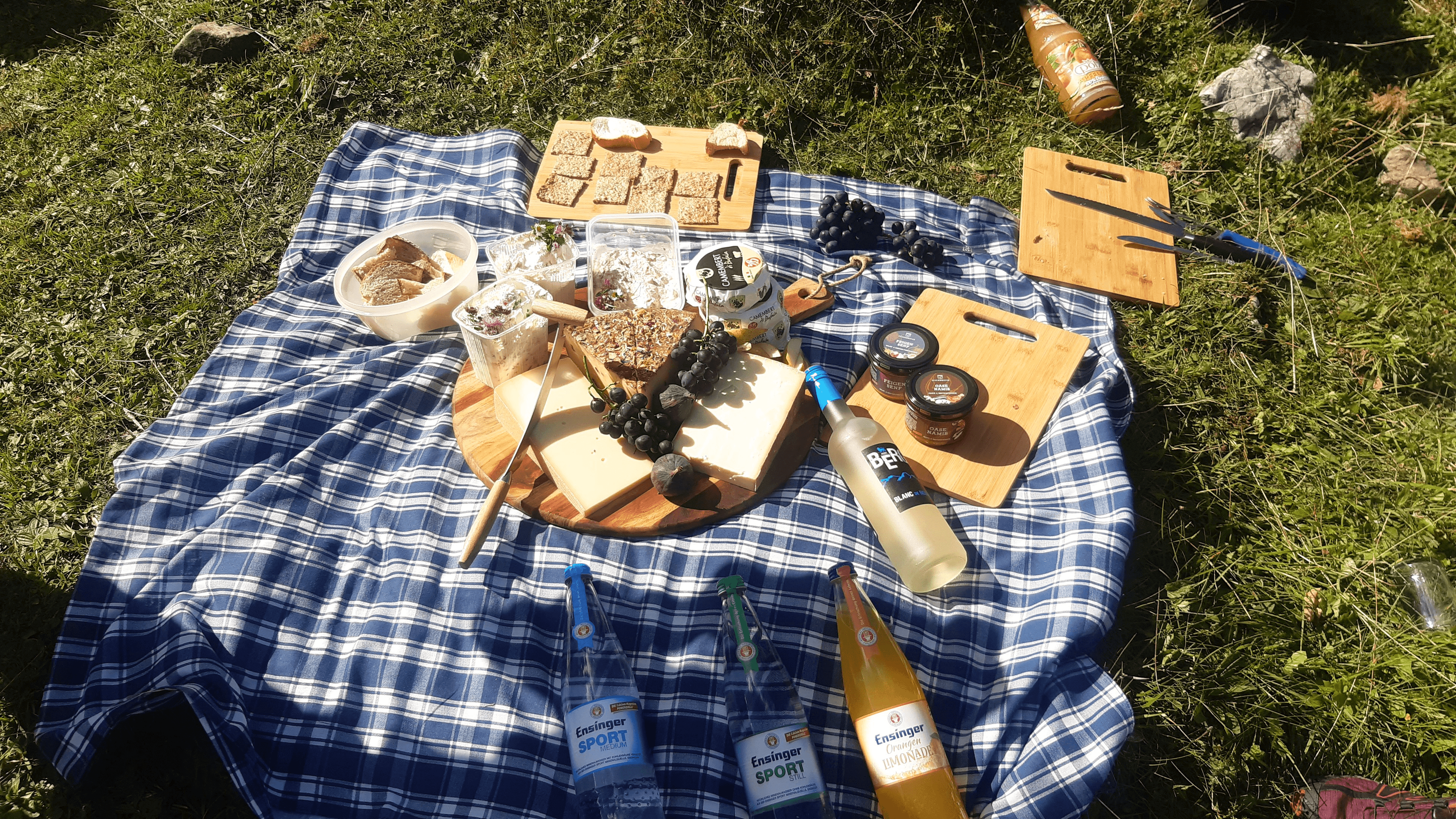 Picknickdecke mit Wein, Käse und Limonade auf einer Wiese bei der Käseverkostung auf der Alm