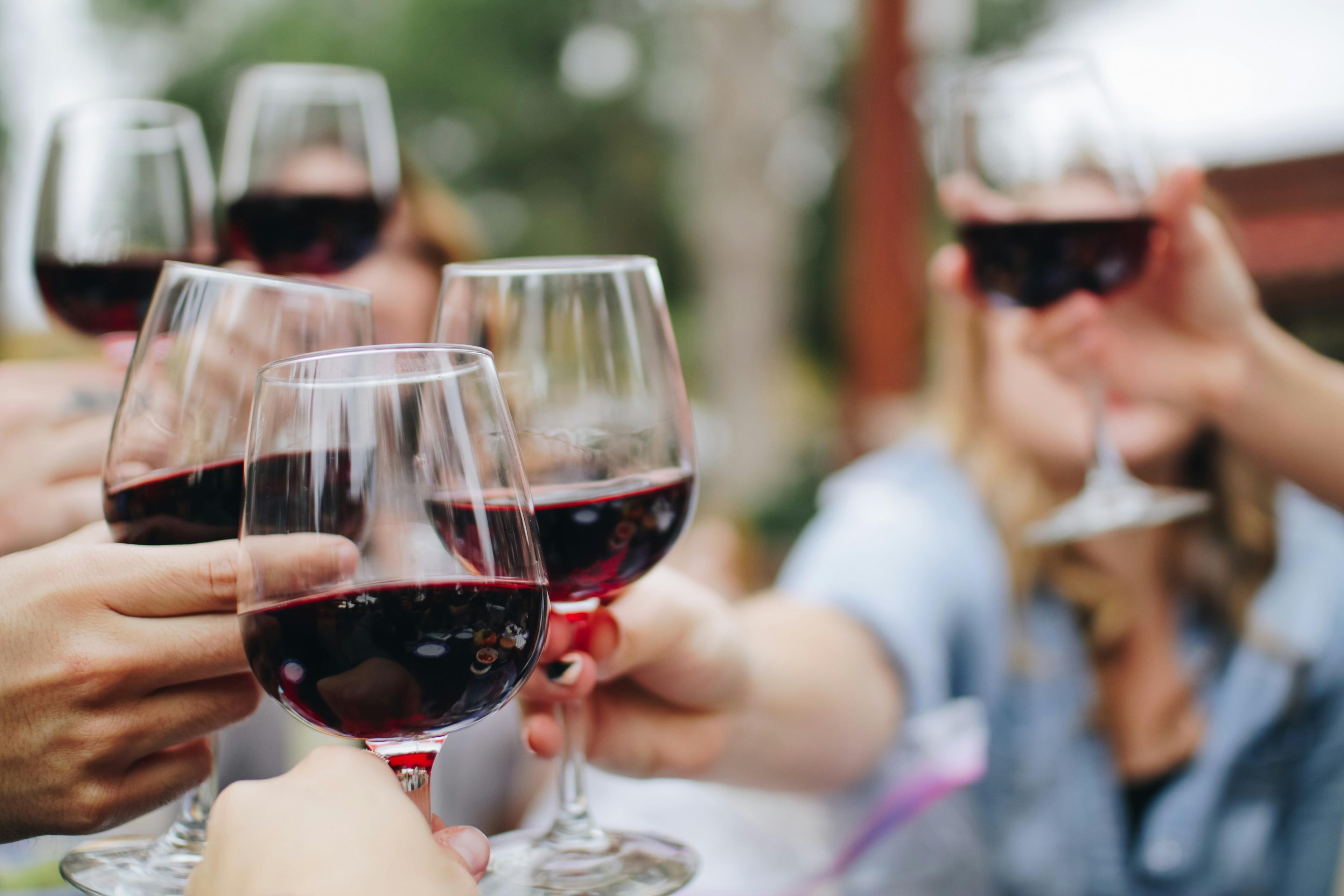 Menschen stoßen bei einer Weinprobe mit Rotwein-Gläsern an