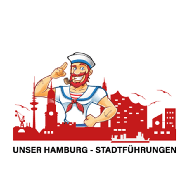 Logo von Unser Hamburg – Stadtführungen mit einer Silhouette der Stadt und einem Matrosen